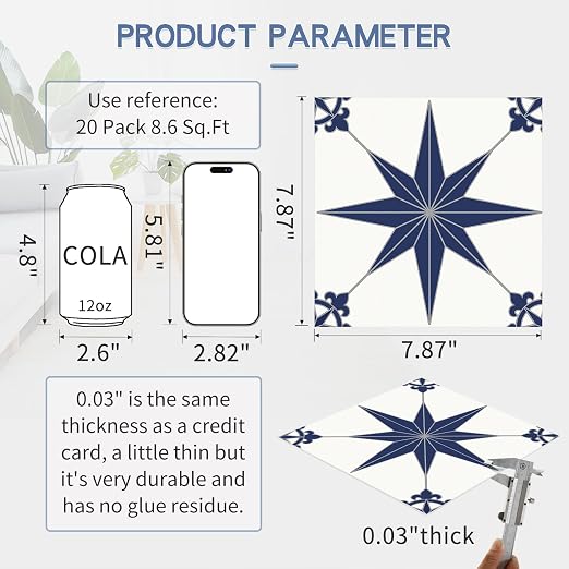MORCART 20PCS 7.87" x 7.87" Peel and Stick Floor Tile, Blue Star | Self-Adhesive DIY Vinyl Flooring, Removable and Waterproof Tile Sticker for Bathroom, Kitchen, Wall, Bedroom, Stairs