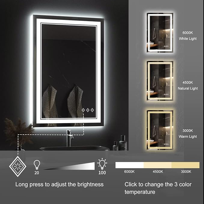 LED Mirror for Bathroom, 24x36 Inch Gradient Front and Backlight LED Bathroom Mirror, 3 Colors Dimmable CRI>90 Double Lights, Enhanced Anti-Fog, Hanging Plates Wall Mount Lighted Mirror