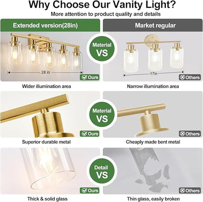 5-Light Bathroom Light Fixtures, Vanity Light with Clear Glass Shades, Brushed Gold Bathroom Light Fixtures Over Mirror, Modern Bathroom Wall Lamp for Mirror Living Room Cabinet Bedroom