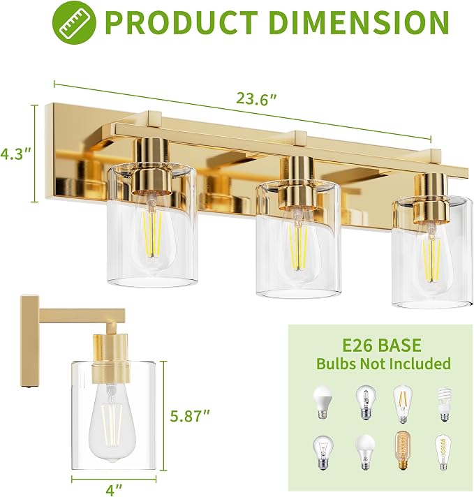 3-Light 21inch Brushed Gold Vanity Light, Thickened Clear Glass | Over Mirror for Bathroom, Rust Resistant, E26 Base, Easy Install, Removable Glass Shade Horizontal Mount, Dimmable