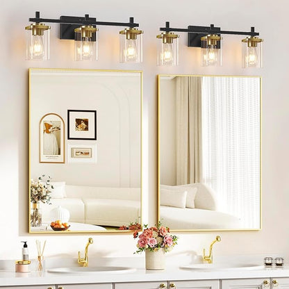 3-Lights Black and Gold Bathroom Light Fixtures Over Mirror, Modern Brushed Gold Vanity Lights for Bathroom, Sconces Wall Lighting with Square Glass Shade for Mirror Bedroom Hallway