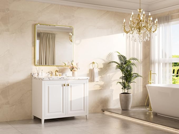 Brushed Gold Vanity Mirror for Bathroom 36 x 36 Beveled Edge Tempered Glass, Rounded Corner Rectangle Wall Mirror for Modern Bathroom, Living Room, Bedroom, Entryway