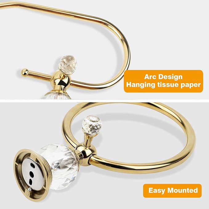 Luxury Crystal Series Toilet Paper Holder Wall Mouted Towel Ring, Gold Round Hand Towel Rack Decorative 2 Pieces Sets for Bathrooms