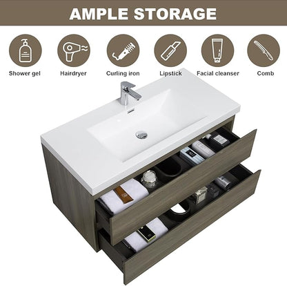 Floating Vanity Bathroom, 42 Inch Bathroom Vanity with Sink, Wall Mounted Single Sink Bathroom Vanity, Soft Closed 2 Drawers, Integrated Sink (Ash Grey)