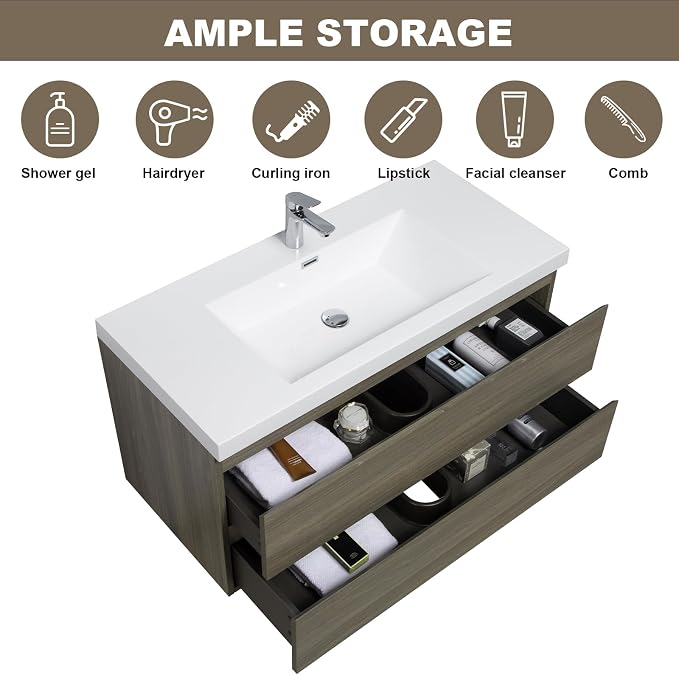 Pre-Assembled 42" Floating Bathroom Vanity with Sink, Ash Grey | Wall-Mounted Bathroom Vanity with Solid Surface Top Basin, 2 Soft Close Drawers, Easy to Install & Clean