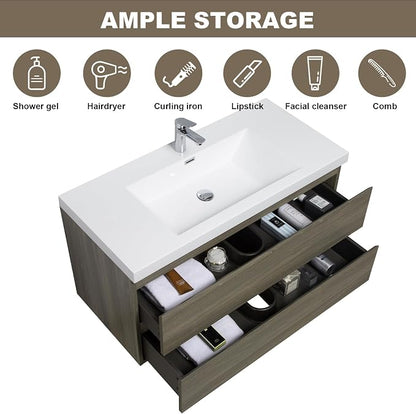 Pre-Assembled 42" Floating Bathroom Vanity with Sink, Ash Grey | Wall-Mounted Bathroom Vanity with Solid Surface Top Basin, 2 Soft Close Drawers, Easy to Install & Clean