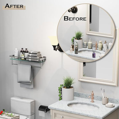 Bathroom Glass Shelf with Towel Rack Organizer Wall-Mounted Bathroom Storage SUS304 Stainless Steel Towel Bar/Track Wall-Mounted Tempered Glass Shelves (Chrome Polished, 20-inch)