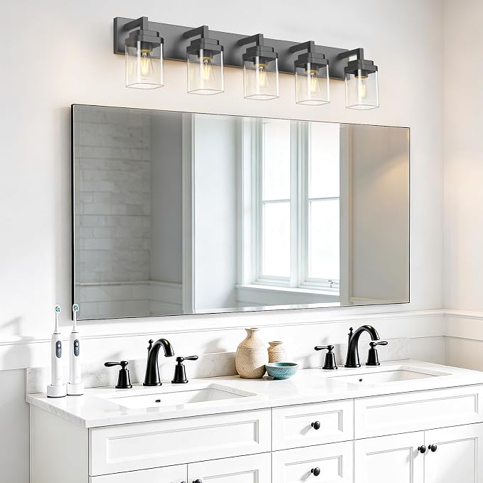 Matte Black Bathroom Light Fixtures, Modern Vanity Lights with Clear Glass Lamp Shade, Bathroom Lighting Fixtures Over Mirror, Restroom Vanity Lighting Fixture, 5-Light 36 Inch