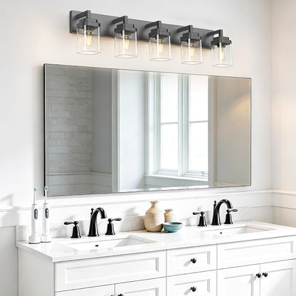 Matte Black Bathroom Light Fixtures, Modern Vanity Lights with Clear Glass Lamp Shade, Bathroom Lighting Fixtures Over Mirror, Restroom Vanity Lighting Fixture, 5-Light 36 Inch