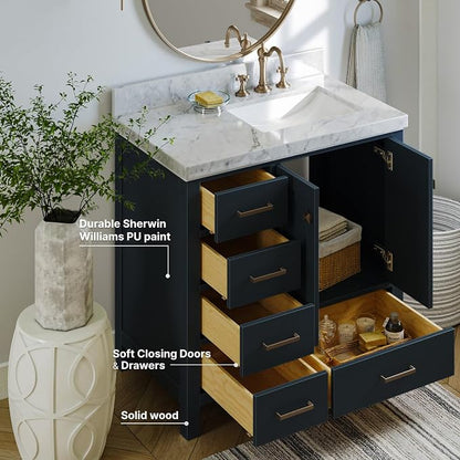 ARIEL Cambridge 36-inch Bathroom Vanity with Sink,Solid Wood, 2-inch Italian Carrara Marble Countertop, Single Rectangular Porcelain Sink, 2 Soft Closing Doors, 5 Dovetail Drawers, Midnight Blue