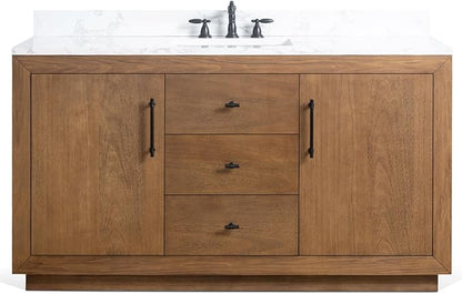 HOMEBEYOND 60" Bathroom Vanity with Single Sink & Ceramic Top, MDF Material Vanity Cabinet with Basin Combo, Soft-Closing Doors, Removable Shelf, Backsplash, Tan