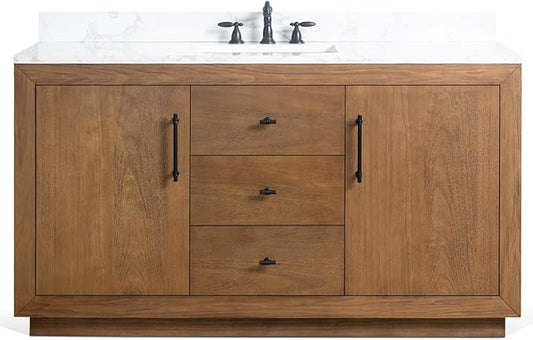 HOMEBEYOND 60" Bathroom Vanity with Single Sink & Ceramic Top, MDF Material Vanity Cabinet with Basin Combo, Soft-Closing Doors, Removable Shelf, Backsplash, Tan