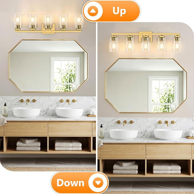 31” Bathroom Light Fixtures Over Mirror, 5-Light Gold Vanity Light | Square Clear Glass & Durable Metal, Quick & Easy Installation, Standard E26 Socket, Bright Bathroom Lighting