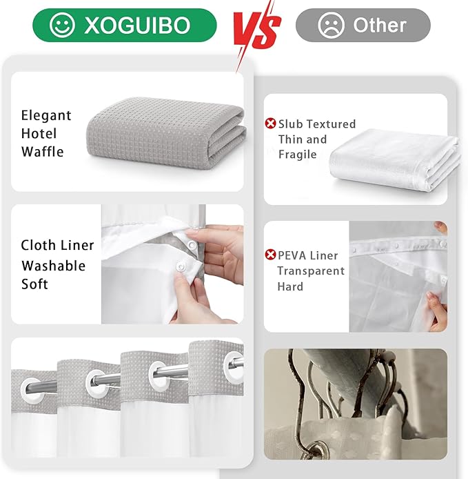 No Hook Shower Curtain with Liner Set Hotel Waffle Light Grey 78W X 75L | Washable Snap in Fabric Liner, Mesh Top Window, Waffle Hotel Style Shower Curtain Set