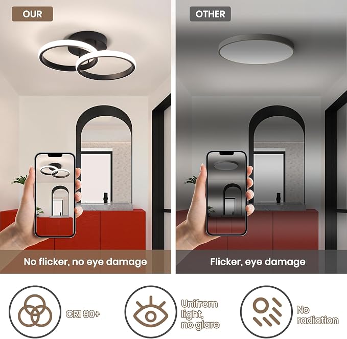 CANEOE Round Modern Led Ceiling Light Fixtures, 4500K Neutral Light Black Hallway Light Fixtures Ceiling, Bathroom Close to Ceiling Lights for Corridor Stair Aisle Lamps (Black, 1 Pack)