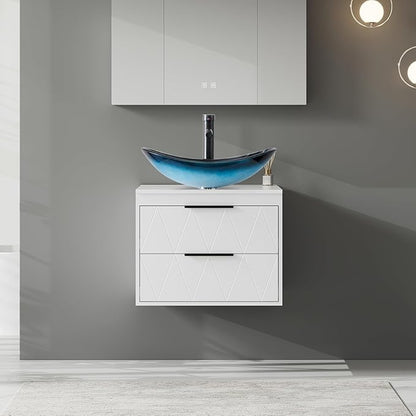 eclife 24" Floating Bathroom Vanities with Sink Combo, Wall Mounted Modern Cabinet W/Diamond Line Pattern Design, Blue Boat Glass Vessel Sink W/Water Save Faucet & Pop Up Drain, White