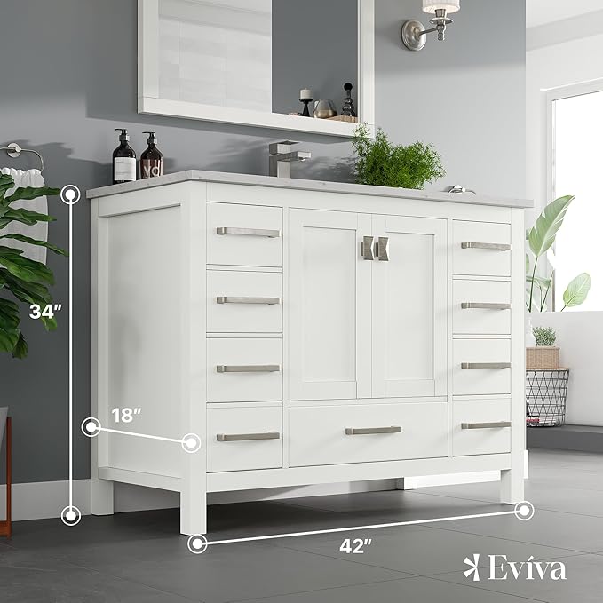 Eviva London 42 Inch Vanity with Top – Bath Vanity with Sink and Countertop, White Bathroom Sink Cabinet with Quartz Countertop and Porcelain Single Sink for Modern Bathrooms