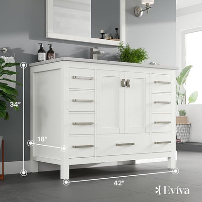 Eviva London 42 Inch Vanity with Top – Bath Vanity with Sink and Countertop, White Bathroom Sink Cabinet with Quartz Countertop and Porcelain Single Sink for Modern Bathrooms