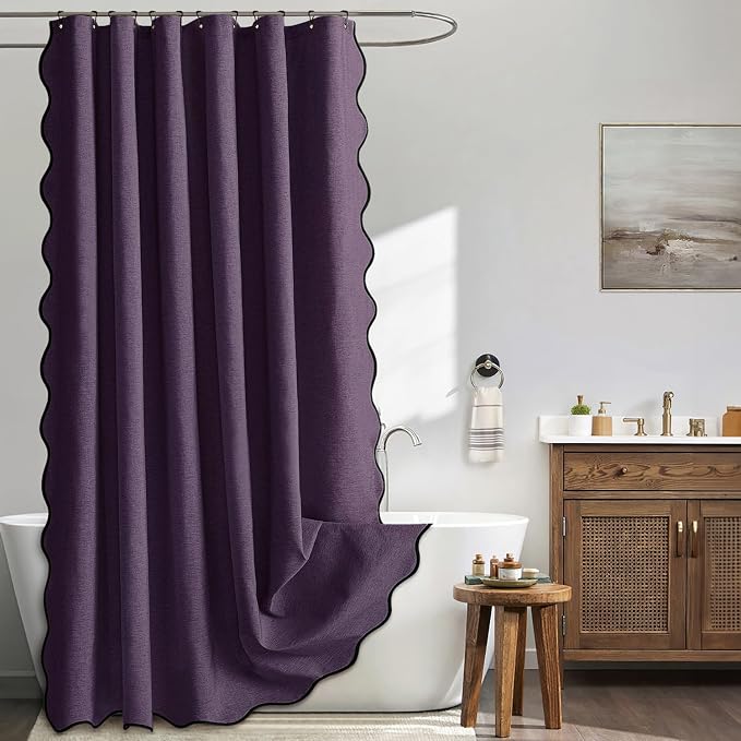 MIULEE Purple Scalloped Linen Shower Curtain 72x72 Inches | Linen Textured, Waterproof, Washable, 12 Metal Hooks, Heavy Duty Cloth, Black Border, Shower Curtain for Bathroom Bathtub