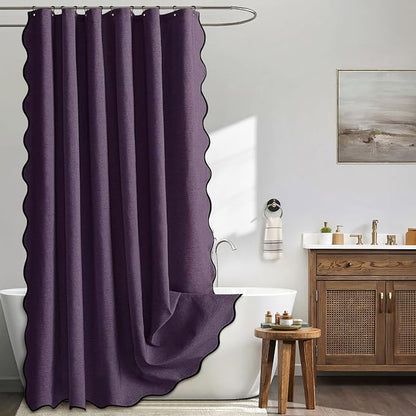 MIULEE Purple Scalloped Linen Shower Curtain 72x72 Inches | Linen Textured, Waterproof, Washable, 12 Metal Hooks, Heavy Duty Cloth, Black Border, Shower Curtain for Bathroom Bathtub