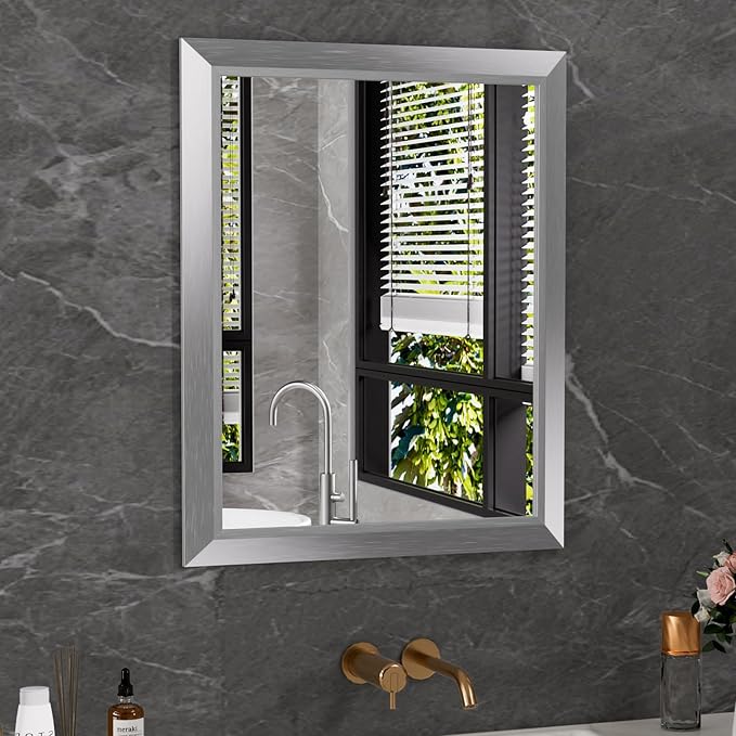 Bathroom Mirror for Wall, 24x30 Inch (Brushed Silver) | HD Reflection, Tempered Glass, Thick Metal Framed Rectangle Mirrors for Over Sink, Bedroom, Living Room, Entryway, Anti-Rust