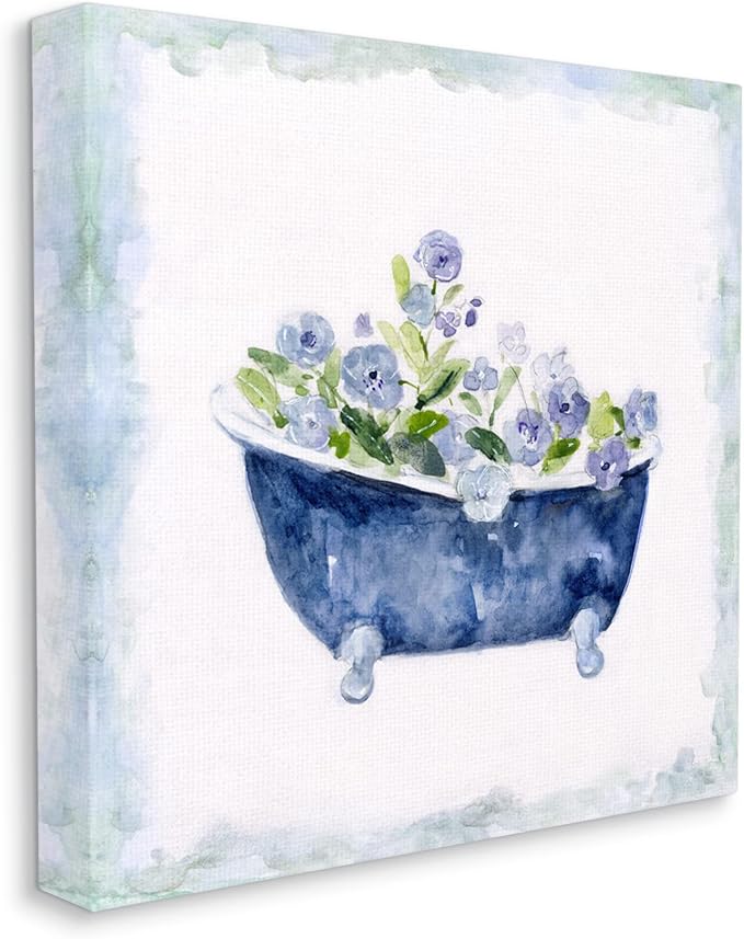 Stupell Industries Charming Blue Bathtub Botanical Floral Watercolor Border,Design by Sally Swatland | Stupell Industries | 36 x 36 Inches, Easy to Hang and Sturdy, Made in USA, by Sally Swatland