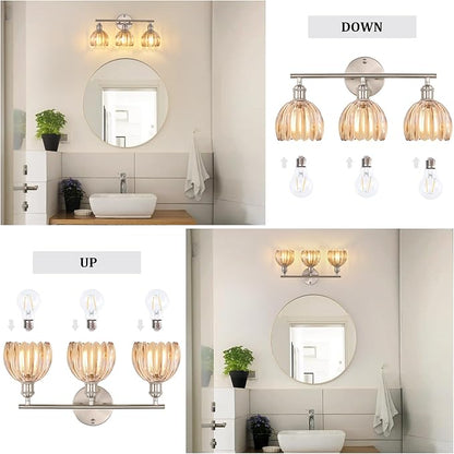 Bathroom Light Fixtures, 3-Light Vanity wall Light Over Mirror with Amber Tulip Glass Shade for Bedroom Living Room (Bulb Not Included), Satin Nickel