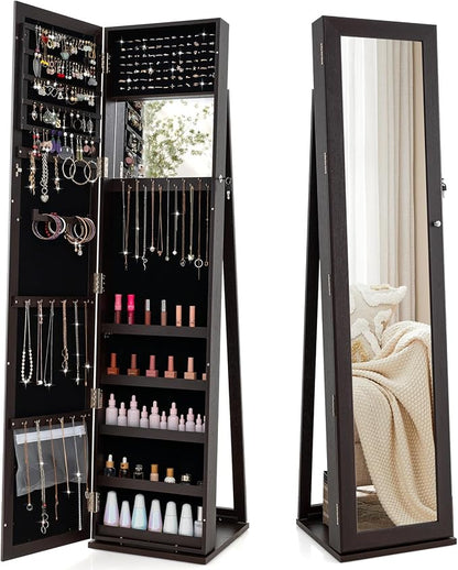 COSTWAY Standing Jewelry Cabinet, Large Capacity Jewelry Organizer w/Full-Length Mirror & Rear Storage Shelves, Lockable Mirror Jewelry Armoire with Keys for Girls Women (Espresso)