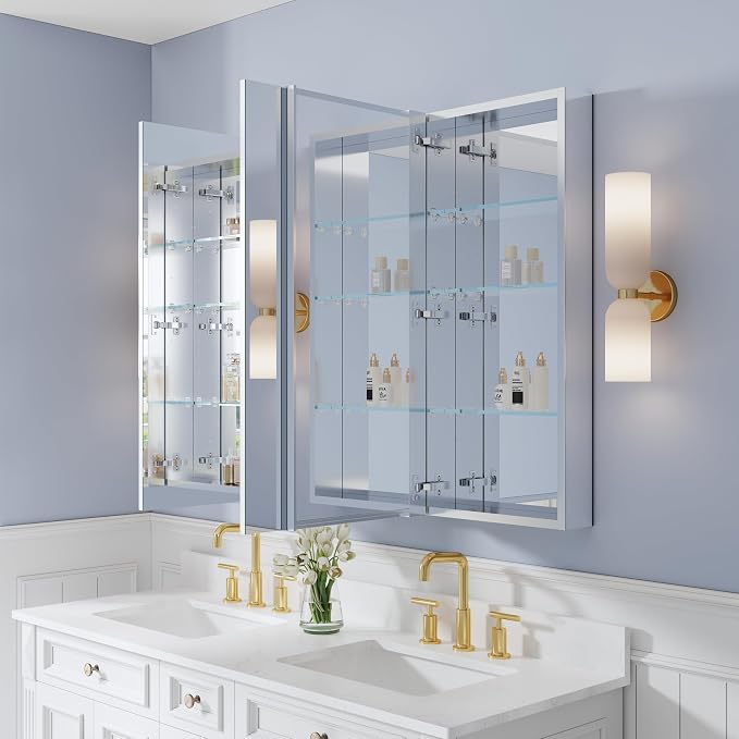 52" x 36" Bathroom Medicine Cabinet with Mirror, Anodized Chrome Aluminum Frame, Surface Mount or Recessed Medicine Cabinet with Mirror, Bathroom Mirror with Storage, Three Doors