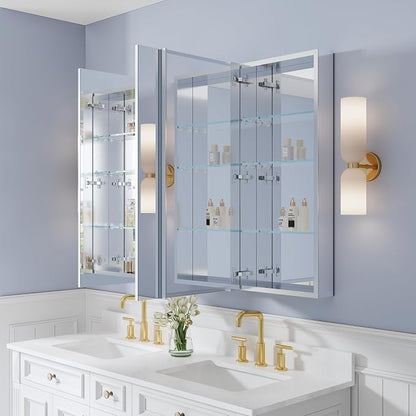 52" x 36" Bathroom Medicine Cabinet with Mirror, Anodized Chrome Aluminum Frame, Surface Mount or Recessed Medicine Cabinet with Mirror, Bathroom Mirror with Storage, Three Doors