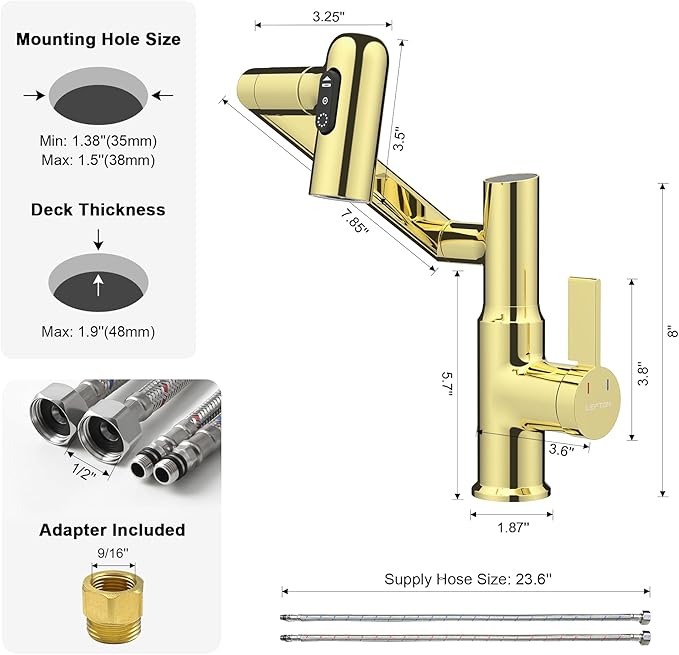 Lefton Rotatable Bathroom Faucet with Temperature Display in Fahrenheit (Batteries-Free), 3 Water Outlet Modes, Polished Gold, BF2204-5