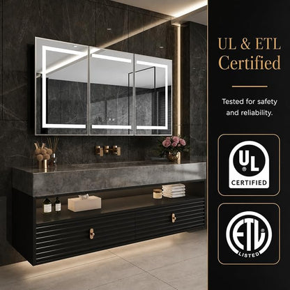 60 x 32 Inch LED Medicine Cabinet with Mirror, Recessed or Surface Mount, Soft Close Hinges, Adjustable Shelves, Black