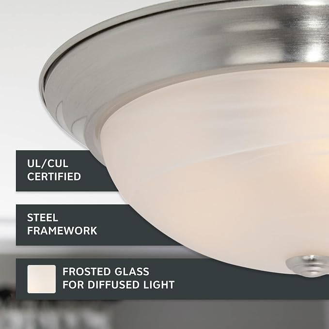 DESIGNERS FOUNTAIN Reedley 2-Lights Flush Mount Ceiling Light, 11 Inch Lighting Fixture for Kitchen, Bedroom, Bathroom, and Hallway, White Alabaster Glass, Satin Platinum, 1257S-SP-AL