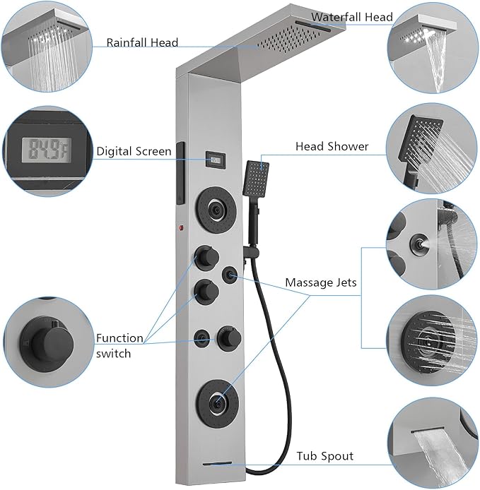 BWE Stainless Steel Shower Panel Tower System,LED Rainfall Waterfall Shower Head,4 Massage Body Jets,3 Functions Handhels Shower and Waterfall Tub Spout,Wall Mounted Shower Panel with Temp Display