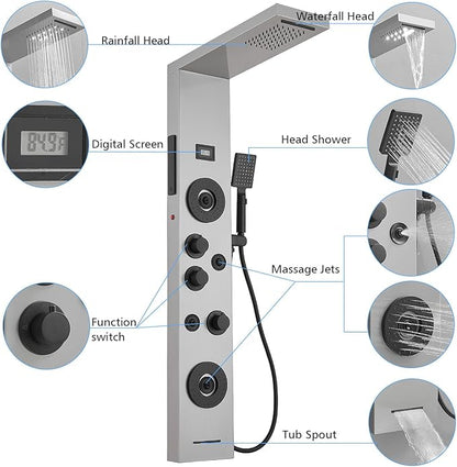 BWE Stainless Steel Shower Panel Tower System,LED Rainfall Waterfall Shower Head,4 Massage Body Jets,3 Functions Handhels Shower and Waterfall Tub Spout,Wall Mounted Shower Panel with Temp Display