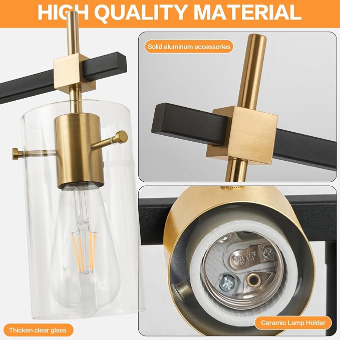 SOLFART 49.2 inch Vanity Light fixtures Vintage 6 Lights Wall Light Fixtures Above Mirror for Bathroom Brass and Black with Clear Glass Shade (Exclude Bulb)