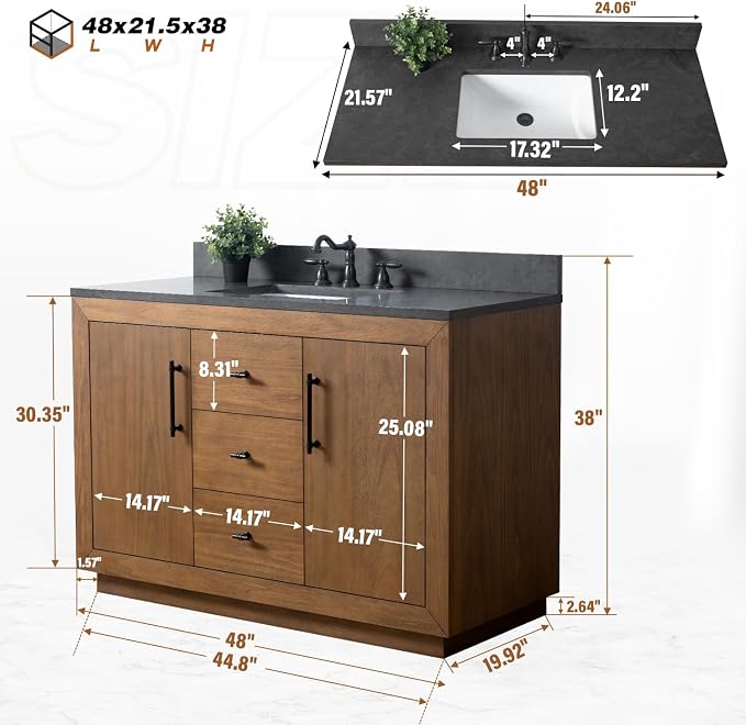 Vanity Art 48 inch Bathroom Vanity with Single Sink, Modern Wood Bath Vanity with Black Carrara Marble Top, Vanity Cabinet with Doors， Removable Shelf, Solid Wood, Ceramic Sink, Tan, VA7048B