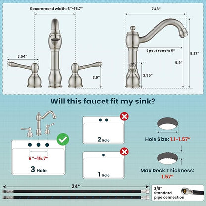 gotonovo 8 Inch Widespread Bathroom Faucets for Sink 3 Hole 2 Lever Handle Deck Mount with Pop Up Drain Hot and Cold Water Supply Lines Brushed Nickel
