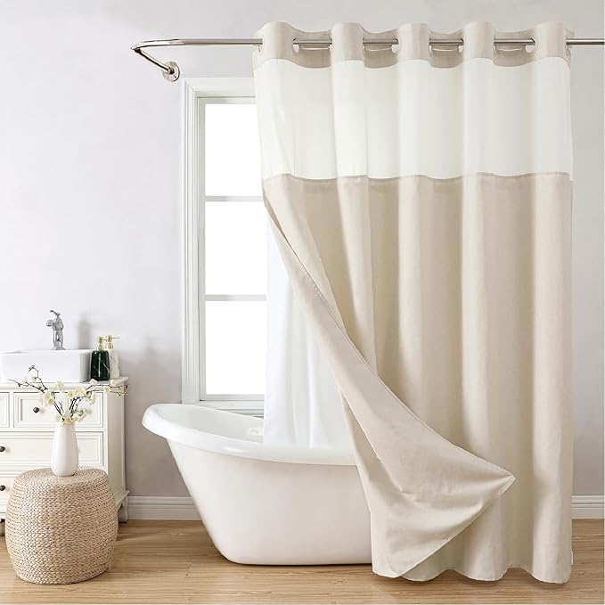 Eachope No Hooks Polyester Textured Shower Curtain with Snap-in Fabric Liner Set, Hotel Luxury Decor Shower Curtains for Bathroom with See Through Top Window, Waterproof & Washable, 71Wx74H, Cream | 230GSM Thick Fabric,Hotel Luxury Decor,Mesh Top Windo...