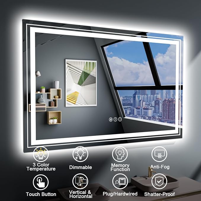Snowdool 30 x 36 in LED Bathroom Mirror, Front and Backlit, Anti-Fog | Front and Backlit, Stepless Dimming, Anti-Fog, Memory Function