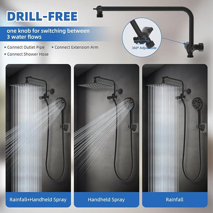 10" Metal Rainfall Shower Head with 10-Mode Handheld, Matte Black | NSF/ANSI/CAN 372 Certified, High Pressure Showerhead Combo with 11" Adjustable Shower Arm, 71" Hose, Shower Head Holder