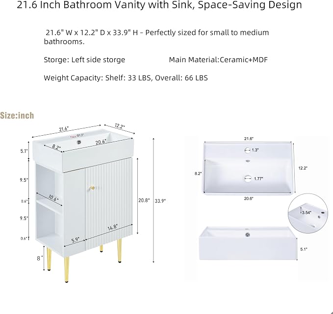Merax 21.6 Inch Bathroom Vanity with Top Sink, Modern Small Bathroom Storage Cabinet with Left Side Storage, Solid Wood Frame Single Sink Bath Vanities, White
