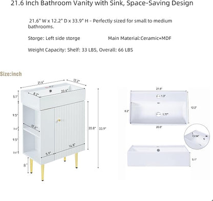 Merax 21.6 Inch Bathroom Vanity with Top Sink, Modern Small Bathroom Storage Cabinet with Left Side Storage, Solid Wood Frame Single Sink Bath Vanities, White