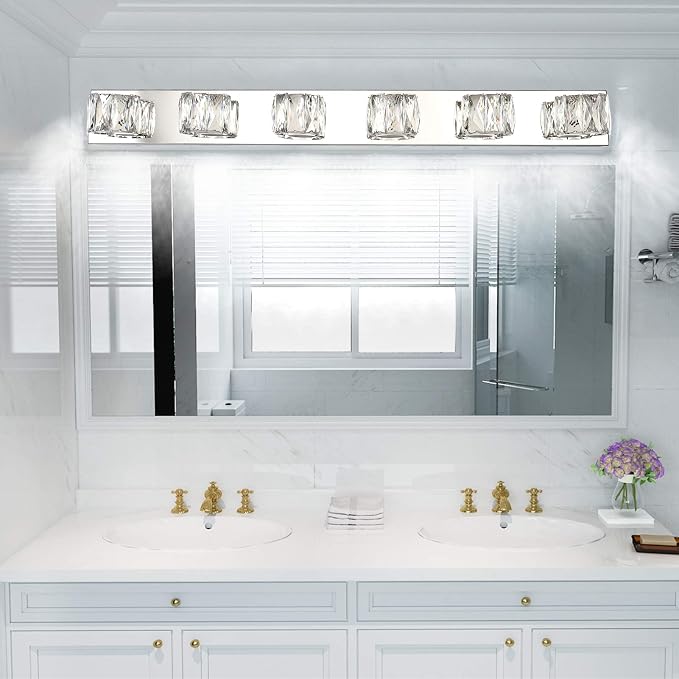 Aipsun 6 Lights 41in Crystal Vanity Lights Over Mirror Long Bathroom Lighting Fixture Modern LED Vanity Light for Bathroom,White Light 6000K