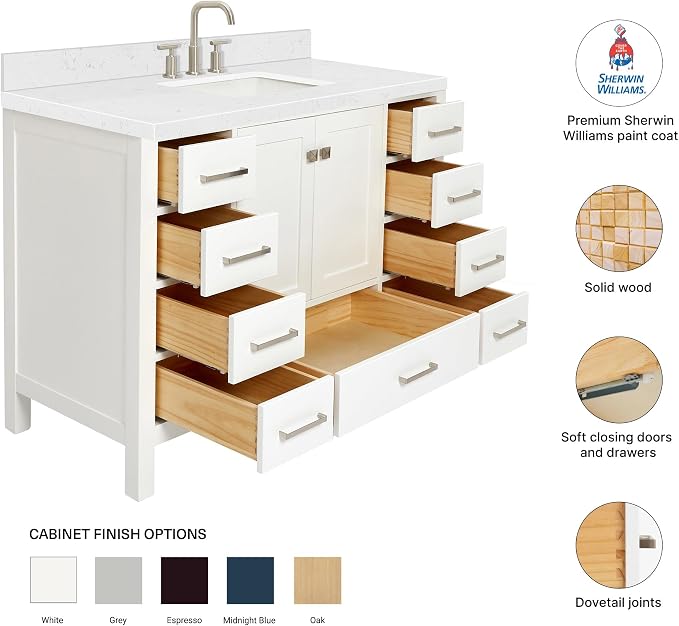 DKB Beckford 48-Inch Bathroom Vanity with Sink — White Single Sink Bathroom Vanity, 1.5" Edge Carrara White Quartz Countertop, Solid Wood, 2 Soft-Close Doors, 9 Dovetail Drawers