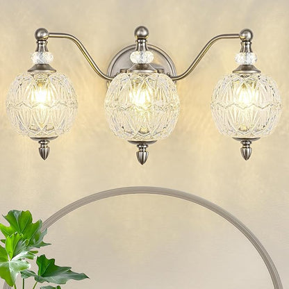 Brushed Nickel Bathroom Vanity Light, 3-Light Mid Century Modern Brushed Nickel Finish Wall Sconce with Globe Glass Shades, Modern Mirror Light for Bathroom, Powder Room
