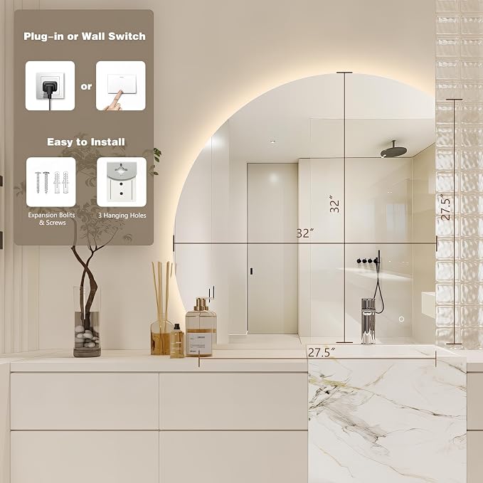 32" Half Moon LED Bathroom Mirror, Backlit Wall Mirror with Lights | Frameless Vanity Mirror with 3 Color Dimmable, Anti Fog, HD Shatter-Proof, IP65 Waterproof, Memory, CRI95+, Right/Left Cut