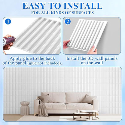 Nuanchu 32 Pcs 3D Wall Panels, 12"x12" PVC Fluted Tiles, White | Waterproof Accent Panels, Paintable Wall Tiles, for TV Background, Bedroom, Bathroom, Gaming Room, Cuttable Home DIY Decor