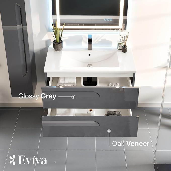 Eviva Joy 40 in. Gray Wall MountSingle Sink Bath Vanity with Porcelain Top and Integrated Sink