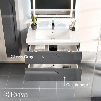Eviva Joy 40 in. Gray Wall MountSingle Sink Bath Vanity with Porcelain Top and Integrated Sink